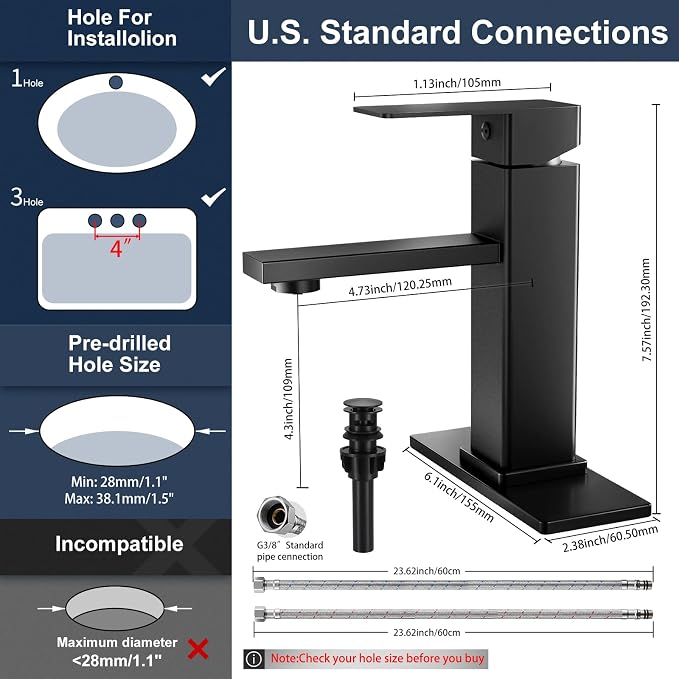 Black Bathroom Faucet Single Hole with Pop-Up Drain | Single Handle Bathroom Sink Faucet with Deck Plate, Suitable for RV, Farmhouse, Vanity Sinks, 1 or 3 Hole Installation