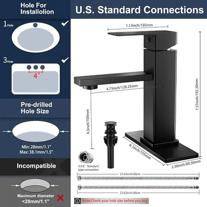 Black Bathroom Faucet Single Hole with Pop-Up Drain | Single Handle Bathroom Sink Faucet with Deck Plate, Suitable for RV, Farmhouse, Vanity Sinks, 1 or 3 Hole Installation