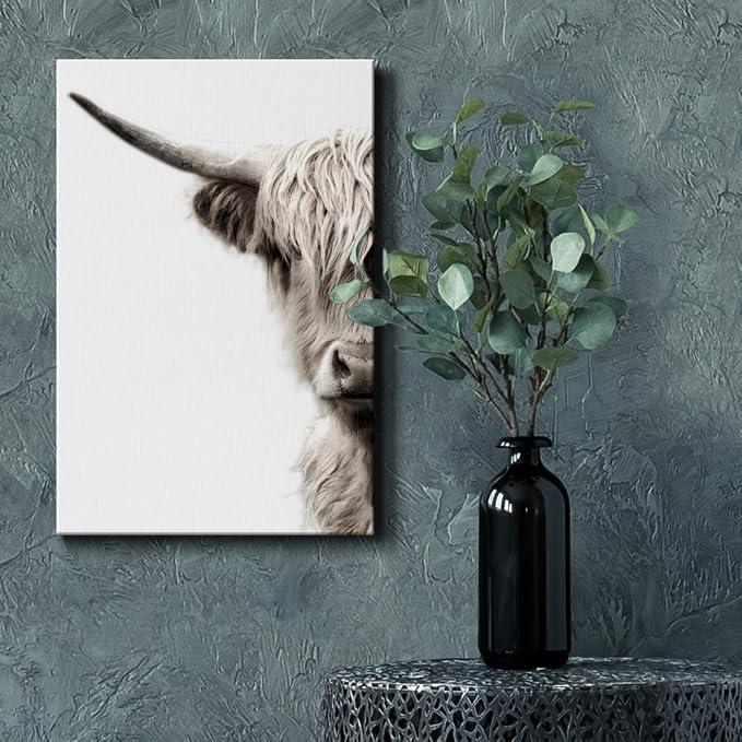 Renditions Gallery Animal Canvas Wall Art Modern Paintings & Prints Decor Vintage Highland Cattle Canvas Black & White Wall Hanging Artwork for Bedroom Living Room Office - 8"x12" LT02