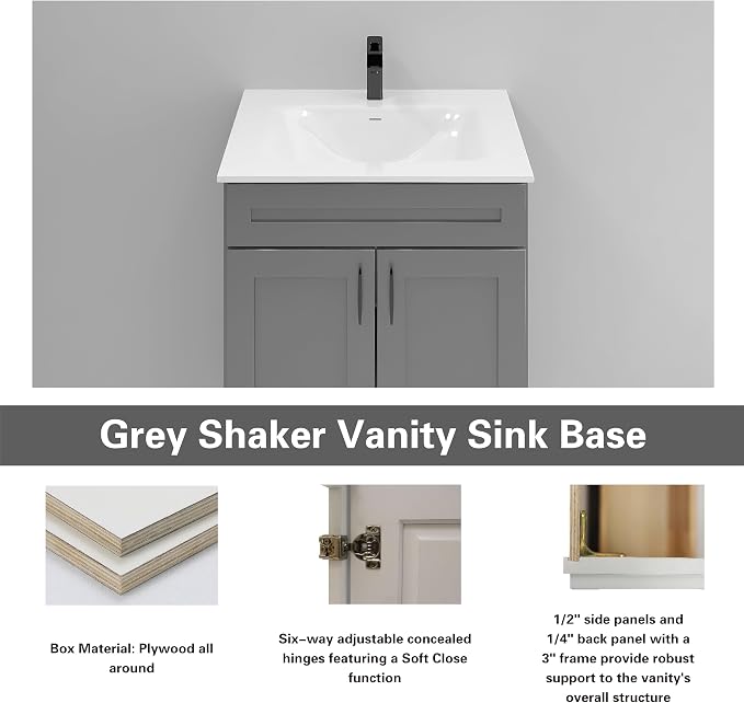 36" Grey Shaker Bathroom Vanity Base, Soft-Close Double-Door Ready-to-Assemble Sink Cabinet, 36" W x 21" D x 34.5" H, Cabinet Only, No Top