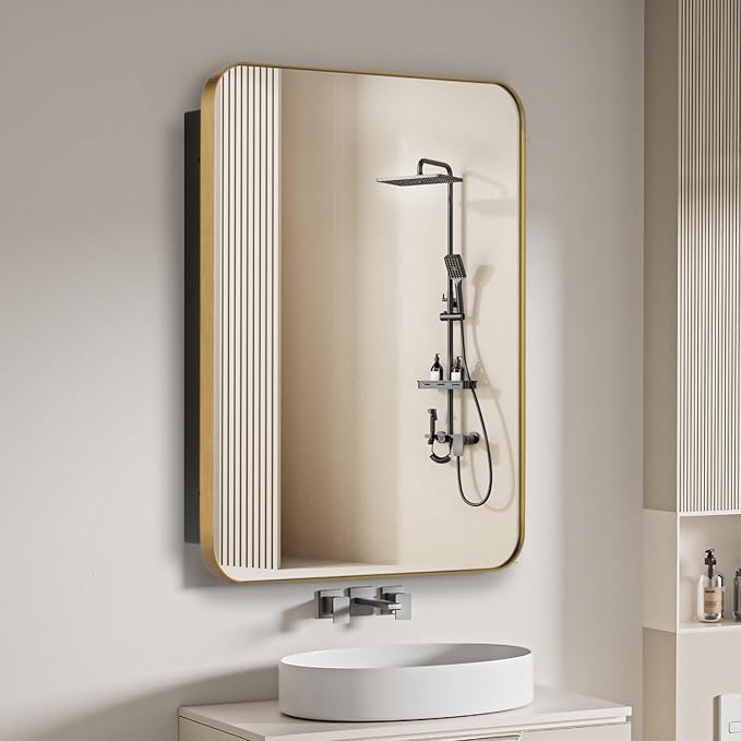 16" x 20" Bathroom Medicine Cabinet with Mirror Door, Brush Gold Stainless Steel Frame, Recessed or Surface Mounted,Storage Cabinet with Adjustable Metal Shelves,Upgraded Version