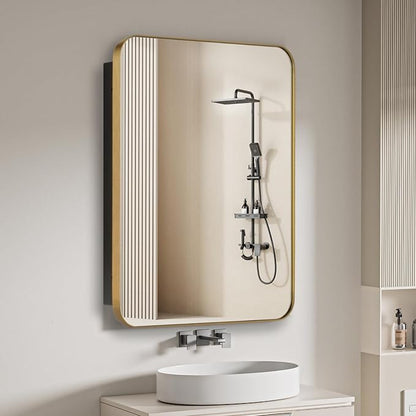 16" x 20" Bathroom Medicine Cabinet with Mirror Door, Brush Gold Stainless Steel Frame, Recessed or Surface Mounted,Storage Cabinet with Adjustable Metal Shelves,Upgraded Version
