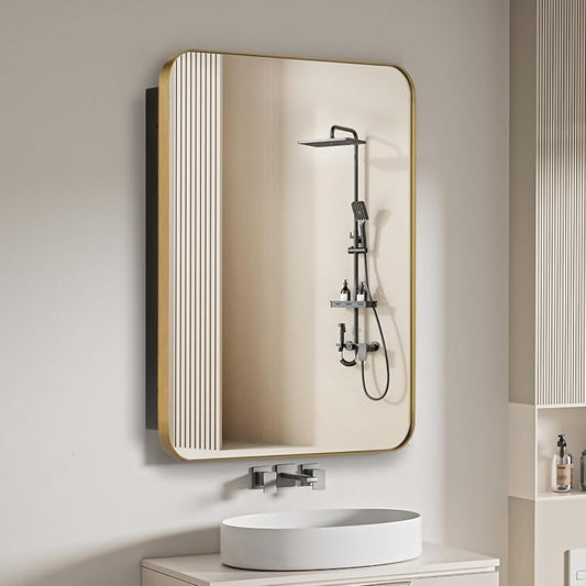 20" x 26" Bathroom Medicine Cabinet with Mirror Door, Brush Gold Stainless Steel Frame, Recessed or Surface Mounted,Storage Cabinet with Adjustable Metal Shelves,Upgraded Version