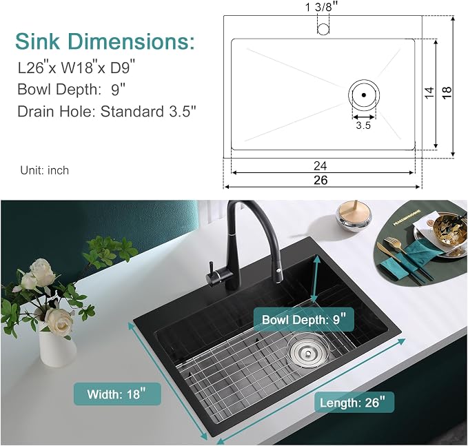 Black Topmount Kitchen Sink - 26”×18” Single Bowl Sink, Sink Grid