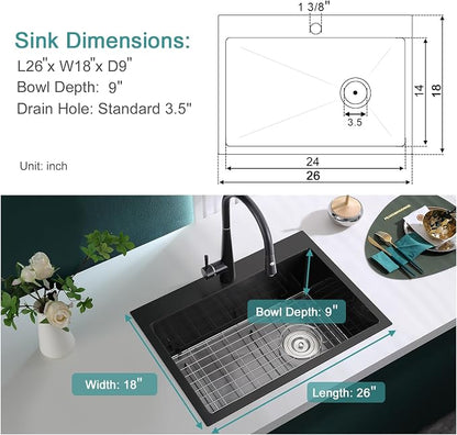 Black Topmount Kitchen Sink - 26”×18” Single Bowl Sink, Sink Grid