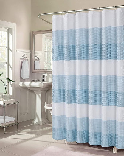 Dainty Home Waffle Weave Waterproof Shower Curtains for Bathroom, Blue 70 icnhes, Extra Long Shower Curtain, Waterproof Fabric 12 Roller Ball Hooks