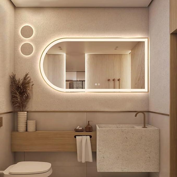 Arched LED Bathroom Mirror, 48"x24" Arch Backlit Vanity Mirror with Lights, Frontlit, Dimmable, 3 Colors, Memory Function, Anti-Fog Smart Mirror, Gold Frame, Shatterproof, Horizontal-Right