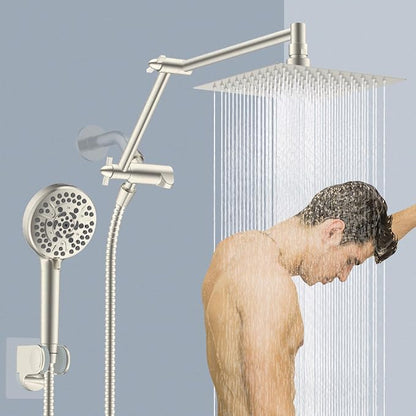 Metal Rain Shower Head with Handheld, 8” High-Pressure Showerhead,10-Mode | Brushed Nickel, Rainfall Shower Head with 5" Large Handheld, Adjustable 16" Shower Extension Arm/71" Hose, 3-Way Diverter