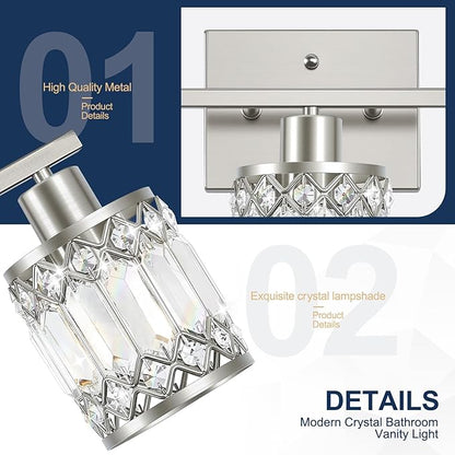 Crystal Modern Bathroom Light Fixtures, 3-Light Brushed Nickel Bathroom Vanity Wall Light, Vanity Lights for Mirror, Restroom, Bedroom (E26 Socket, Bulbs Not Included)