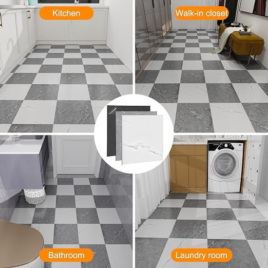 Peel and Stick Floor Tile 10-Pack 12 x 12 inch,Self-adhesive Waterproof Vinyl Flooring Plank for Bathroom,Kitchen, Dining Room, Bedrooms, Cover 10 Sq. Ft Grey & White Marble (5 Tiles per Color)