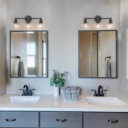 3 Lights Bathroom Vanity Light Fixtures Black, Bathroom Lights Over Mirror, Industrial and Farmhouse 3 Lights Wall Sconce, Matte Black Globe Vanity Lighting Fixtures