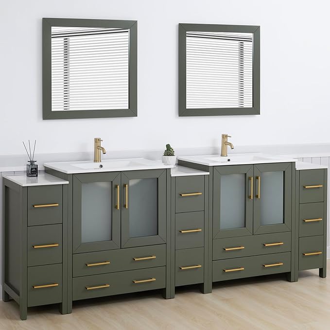 Vanity Art 96 Inch Under Mount Double Sink Bathroom Vanity Cabinet with 2 Mirrors, Ceramic Top Bathroom Cabinet Compact Set with 13 Dovetail Storage Drawers and Golden Brushed Handles, VA3030-96-VG