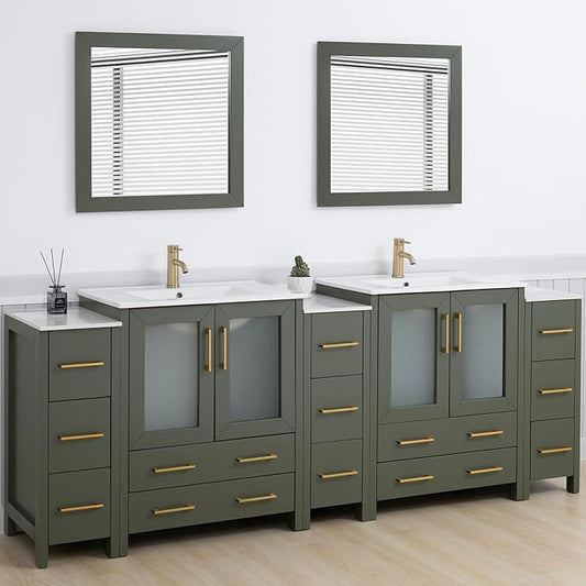 Vanity Art 96 Inch Under Mount Double Sink Bathroom Vanity Cabinet with 2 Mirrors, Ceramic Top Bathroom Cabinet Compact Set with 13 Dovetail Storage Drawers and Golden Brushed Handles, VA3030-96-VG