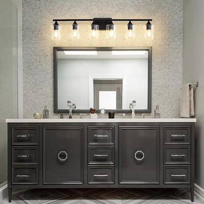 6-Light Matte Black Bathroom Light Fixtures, Over Mirror with Clear Glass Shade, Wall Light Sconce for Vanity Table, Hallway
