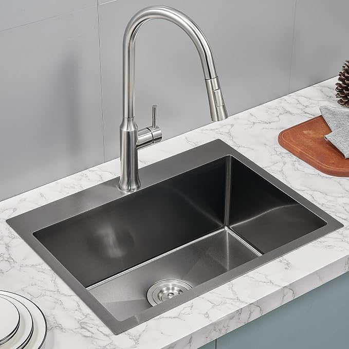 24 Inch Drop in Kitchen Sink Black, 18 Gauge Stainless Steel | Single Bowl Single Hole Topmount Sink, 24"x18"x9" Basin Sink for Small Kitchen, Bar and RV