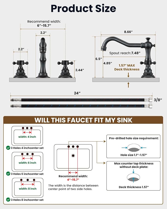 gotonovo 3 Hole 8’’ Widespread Bathroom Sink Faucet Oil Rubbed Bronze | Vintage Bathroom Faucet,2 Cross Handle,6-16’’ Sink,Vanity,Basin,RV,Farmhouse,SUS304,24’’ cUPC Hose Pop Up Drain,Deck Mount
