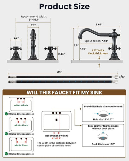 gotonovo 3 Hole 8’’ Widespread Bathroom Sink Faucet Oil Rubbed Bronze | Vintage Bathroom Faucet,2 Cross Handle,6-16’’ Sink,Vanity,Basin,RV,Farmhouse,SUS304,24’’ cUPC Hose Pop Up Drain,Deck Mount