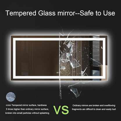 LED Bathroom Mirror, 60"X36" with Front Light and Backlit | Stepless Dimmable, Anti-Fog, Shatter-Proof, HD Reflection, Memory, 3 Colors Lighting, UL Listed (Horizontal/Vertical).