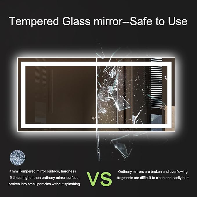 LED Bathroom Mirror, 60"X40" with Front Light and Backlit | Stepless Dimmable, Anti-Fog, Shatter-Proof, HD Reflection, Memory, 3 Colors Lighting, UL Listed (Horizontal/Vertical).
