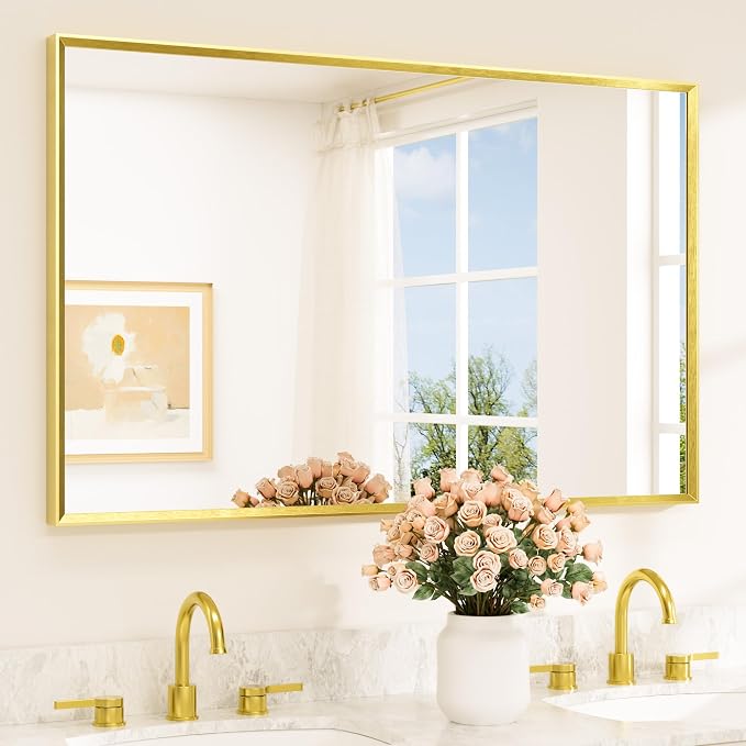 Brushed Gold Frame Mirror for Bathroom Wall 48" x 30" Brushed Brass Beveled Rectangle Bathroom Vanity Mirror for Over Sink, Bedroom, Entryway, Living Room, Tempered Glass, Stronger Frame