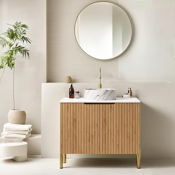 30" Bathroom Vanity with Sink, Freestanding Modern Bathroom Storage Cabinet with Marble Ceramic Basin and Roma Travertine-Pattern Sintered Stone Countertop, Soft Closing Door, Natural Wood