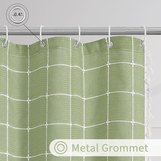 Sage Green Boho Farmhouse Shower Curtain for Bathroom 72x72 | 320 GSM French Country Plaid Tassel Shower Curtain, Rustic Aesthetic Bathroom Decor Windows Curtain