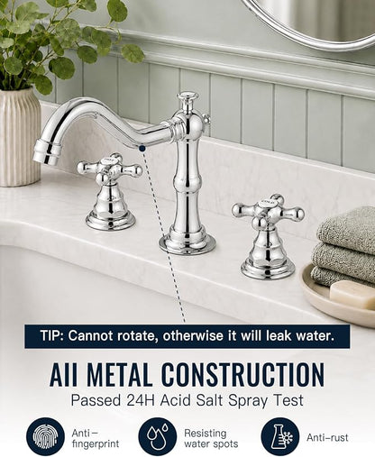 gotonovo Bathroom Faucet 3 Hole Vintage, Polish Chrome, Hot Cold Label | Widespread Bathroom Sink Faucet 8 Inch 2 Cross Handles,Pop Up Drain,cUPC Supply Line,4-15.7” Install,for Vanity Farmhouse RV