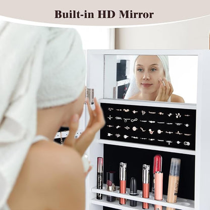 Moccha 18 LEDs Standing Jewelry Armoire, Large Lockable Jewelry Organizer, Mirrored Jewelry Cabinet with Full Length Mirror, 1 Inside Makeup Mirror, 4 Storage Shelves, 16 Lipstick Holders, White