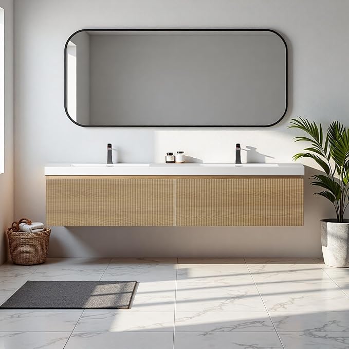 72'' Floating Bathroom Vanity with Sink, Wall-Mounted Bathroom Storage Cabinet with 2 Soft-Close Striped Drawers & Double Solid Surface Basins, Natural Oak Body with Internal Handle, Wood