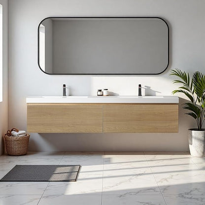 72'' Floating Bathroom Vanity with Sink, Wall-Mounted Bathroom Storage Cabinet with 2 Soft-Close Striped Drawers & Double Solid Surface Basins, Natural Oak Body with Internal Handle, Wood
