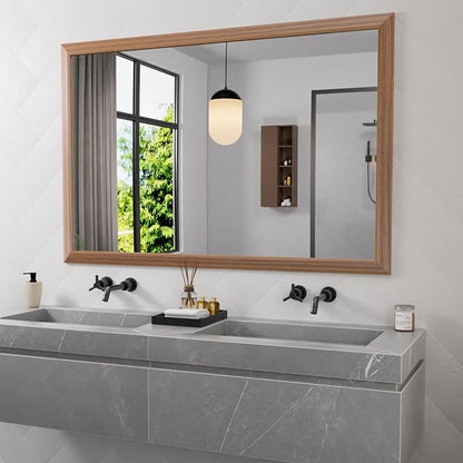 Bathroom Mirror for Wall, 60 X40 Inch (Walnut Wood Grain) | Metal Framed, HD Reflection, Anti-Rust, Hang Horizontally/Vertically, Suitable for Bedroom, Farmhouse, Bathroom, Entryway