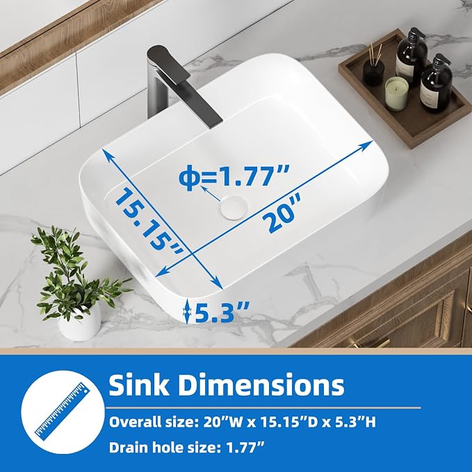20" Rectangular Ceramic Vessel Sink, White Bathroom Vanity Sink Countertop | KINGWONG Modern No Overflow Wash Basin for Powder Room Guest Bath, Easy Clean Round Corners Above Counter Sink
