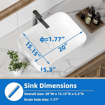 20" Rectangular Ceramic Vessel Sink, White Bathroom Vanity Sink Countertop | KINGWONG Modern No Overflow Wash Basin for Powder Room Guest Bath, Easy Clean Round Corners Above Counter Sink