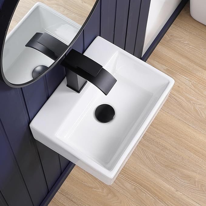 Wall Mount Bathroom Vessel Sink 15"x12" Rectangular Floating White Porcelain Ceramic Wall Hung Vanity Basin Sink for Home,RV,Bathroom