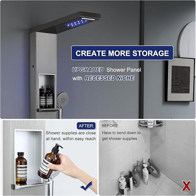 ROVATE LED Shower Panel Tower with Shelf and 6 Adjustable Jets, Brushed | All-in-one Stainless Steel Shower Tower Integrates Overhead Spray, Body Jets, Handheld, and Shelf into A Space-saving System