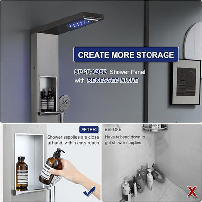 ROVATE LED Shower Panel Tower with Shelf and 6 Adjustable Jets, Brushed | All-in-one Stainless Steel Shower Tower Integrates Overhead Spray, Body Jets, Handheld, and Shelf into A Space-saving System
