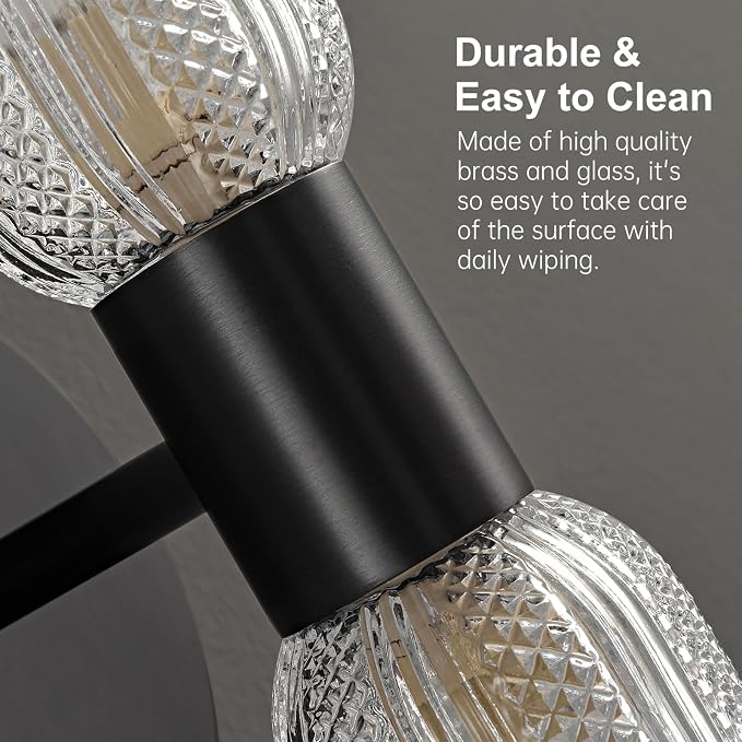 Matte Black Wall Sconces,12.3in 2-Light Knurled Glass Sconces Wall Lighting | Bathroom Brass Material Sconce, Wall Lights for Living Room Vanity Hallway Mirror,Entrance,Corridor，Hardwired, bulb included