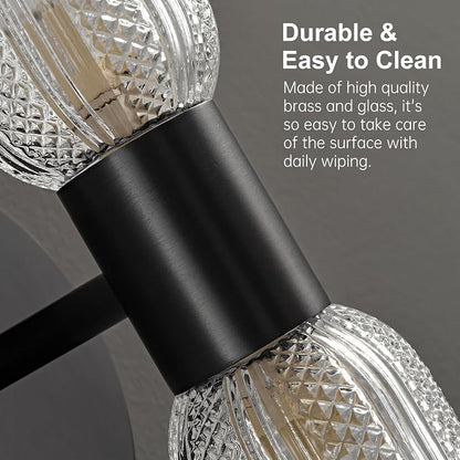 Matte Black Wall Sconces,12.3in 2-Light Knurled Glass Sconces Wall Lighting | Bathroom Brass Material Sconce, Wall Lights for Living Room Vanity Hallway Mirror,Entrance,Corridor，Hardwired, bulb included