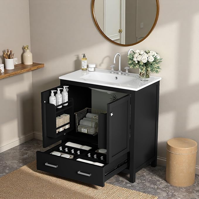 30" Freestanding Bathroom Vanity with Sink, Floor Stand Bathroom Storage Cabinet with Ceramic Sink, Doors with Double-Layered Storage Shelves, Modern Compact Vanity with Divided Drawer, Black