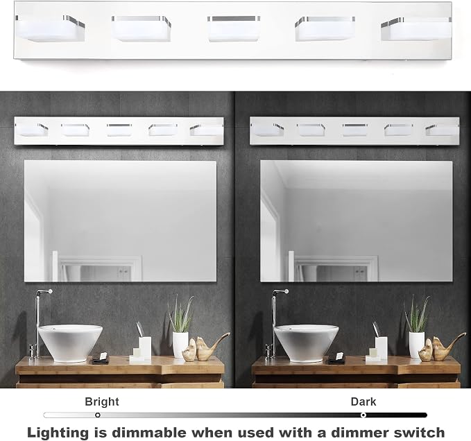 3 Colors Dimmable Bathroom Light Fixtures over Mirror LED Chrome Vanity Lighting Fixtures Acrylic Stainless Steel 5 Light Bathroom Vanity Light Fixtures, Adjustable 3000K/4000K/6000K, 360° Rotate
