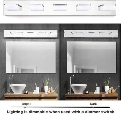 3 Colors Dimmable Bathroom Light Fixtures over Mirror LED Chrome Vanity Lighting Fixtures Acrylic Stainless Steel 5 Light Bathroom Vanity Light Fixtures, Adjustable 3000K/4000K/6000K, 360° Rotate