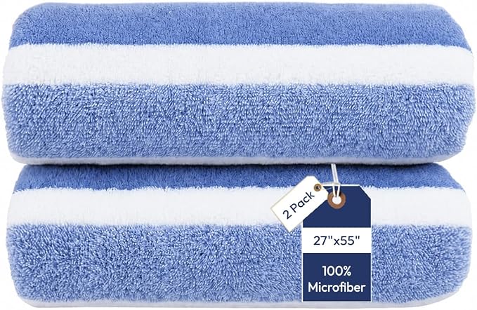 JML Bath Towels, 2 Pack, 27x55 in, Microfiber, Stripe Blue | Soft, Super Absorbent, Quick Dry, Lint-Free, Lightweight Bathroom Towel with Hanging Loop for Daily Use