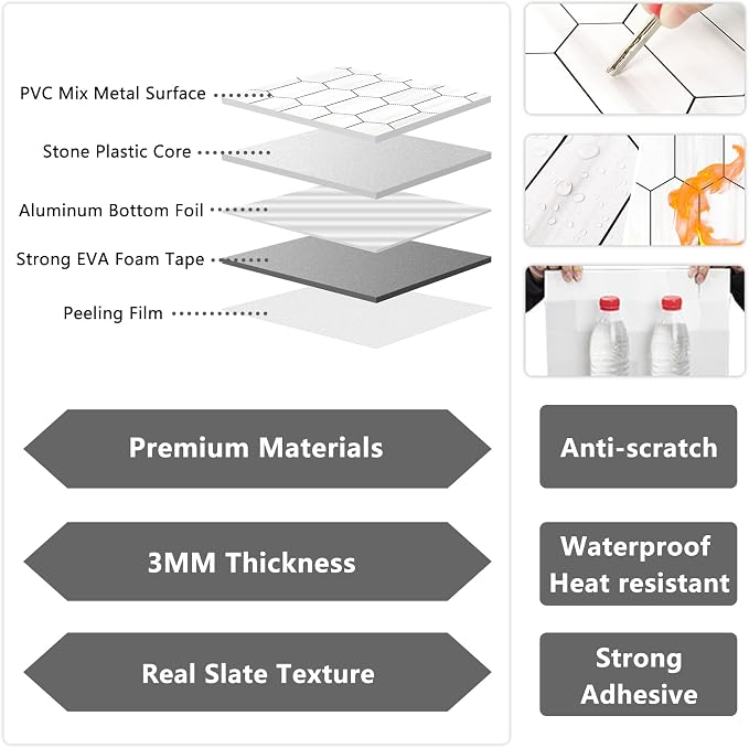 Vamos Tile Long Hexagon Peel and Stick Backsplash Tile - 10 Sheets Stick on Backsplash for Kitchen and Bathroom 12.4 x 12 Inch Dolomite Marble Look PVC Self Adhesive Mosaic Wall Tiles