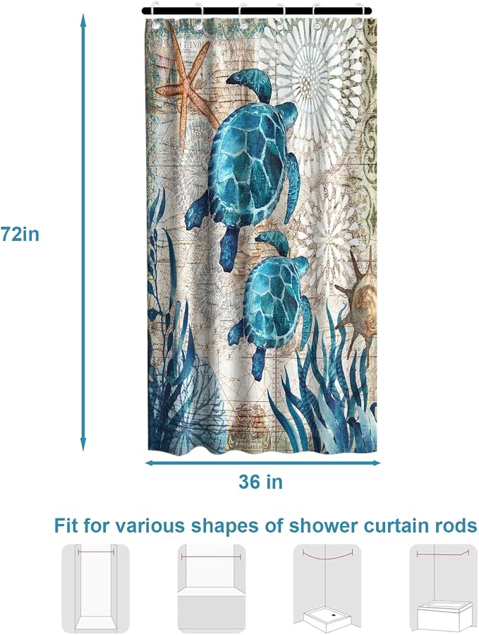Nautical Ocean Beach Shower Curtain, Cute Coastal Sea Turtles Shower Curtains for Bathroom, Waterproof Bath Curtain with Hooks Machine Washable Bathtub Curtains 36x72 Inch Blue Teal