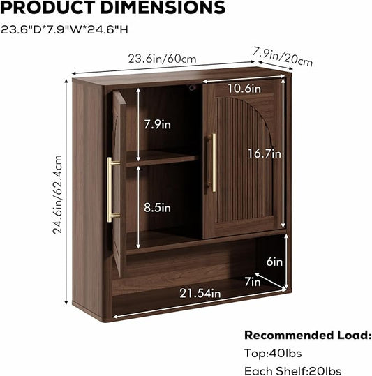 RUSTOWN Fluted Bathroom Wall Cabinet, Mid Century Modern Medicine Cabinet W/Adjustable Shelf & 2 Arched Doors, Over The Toilet Storage Cabinets for Laundry Room Kitchen Living Room, Dark Walnut