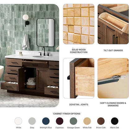 ARIEL Hepburn 66-inch Bathroom Vanity Base Cabinet,Solid Wood, 2 Soft Closing Doors, 9 Dovetail Drawers, Brown Oak