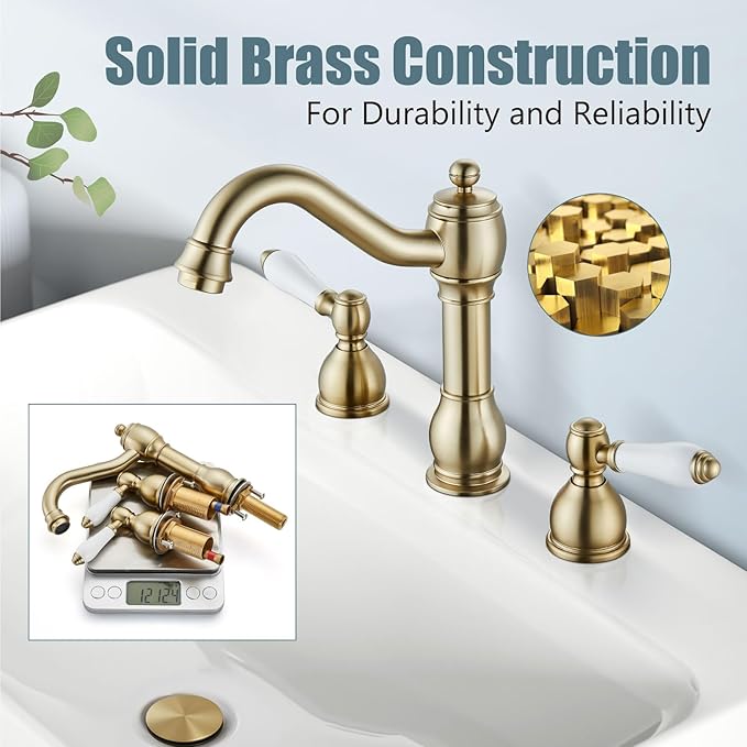 Aolemi 8 Inch Widespread Bathroom Sink Faucet 3 Hole Deck Mount Vanity Basin Mixer Tap with Pop Up Drain Assembly Brushed Gold Double Ceramic Handle