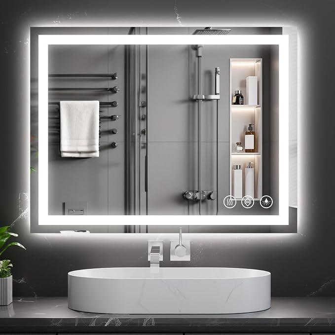Koonmi 36x24 LED Bathroom Mirror with Light, Anti-Fog, 3 Colors | Backlit + Front Lit, Dimmable Brightness, Shatterproof HD Distortion-Free Tempered Glass, Hardware Included