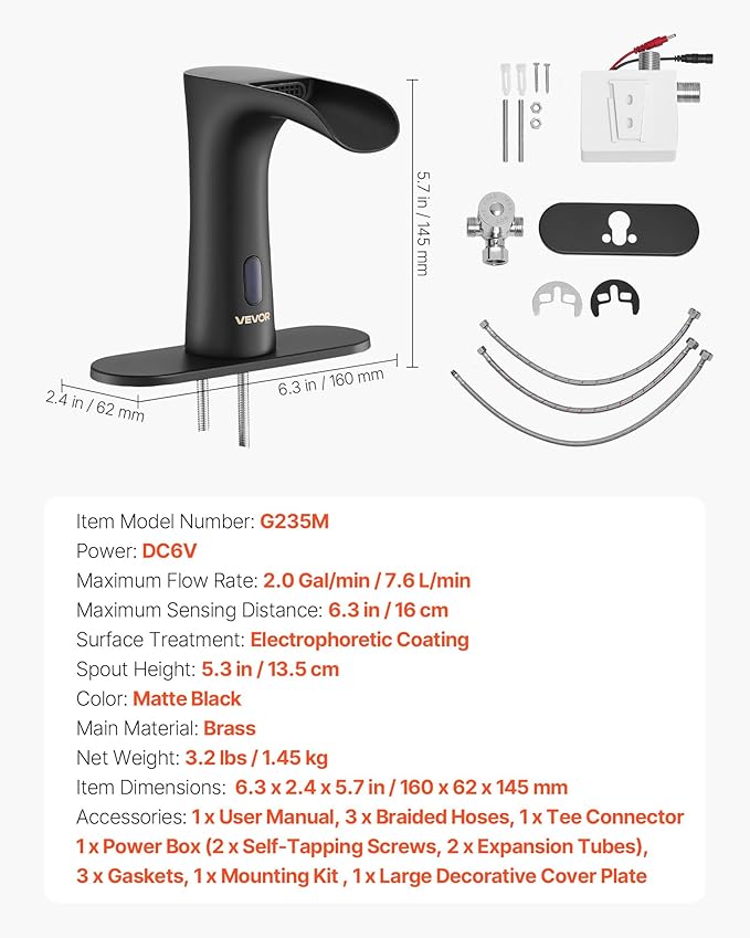 VEVOR Touchless Bathroom Sink Faucet, Automatic Motion Sensor Waterfall Restroom Toilet Faucet with Hole Cover Plate, Modern Electronic Sensor Hot/Cold Water for 9/16 in Pipe Commercial,Matte Black