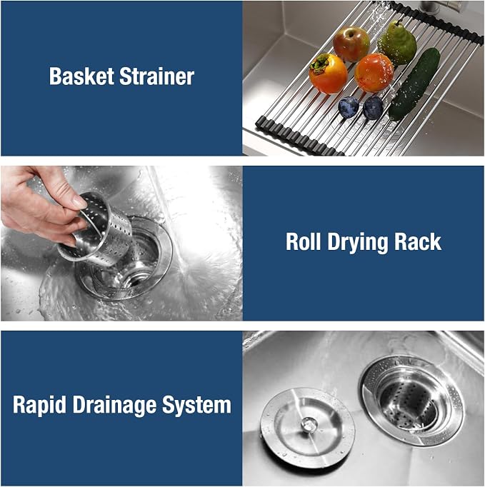 25x22 Inch Drop In Kitchen Sink, 20 Gauge 304 Stainless Steel Single Bowl Top Mount Sinks, Brushed Nickel Handmade Round Corner 25"x22"x9"